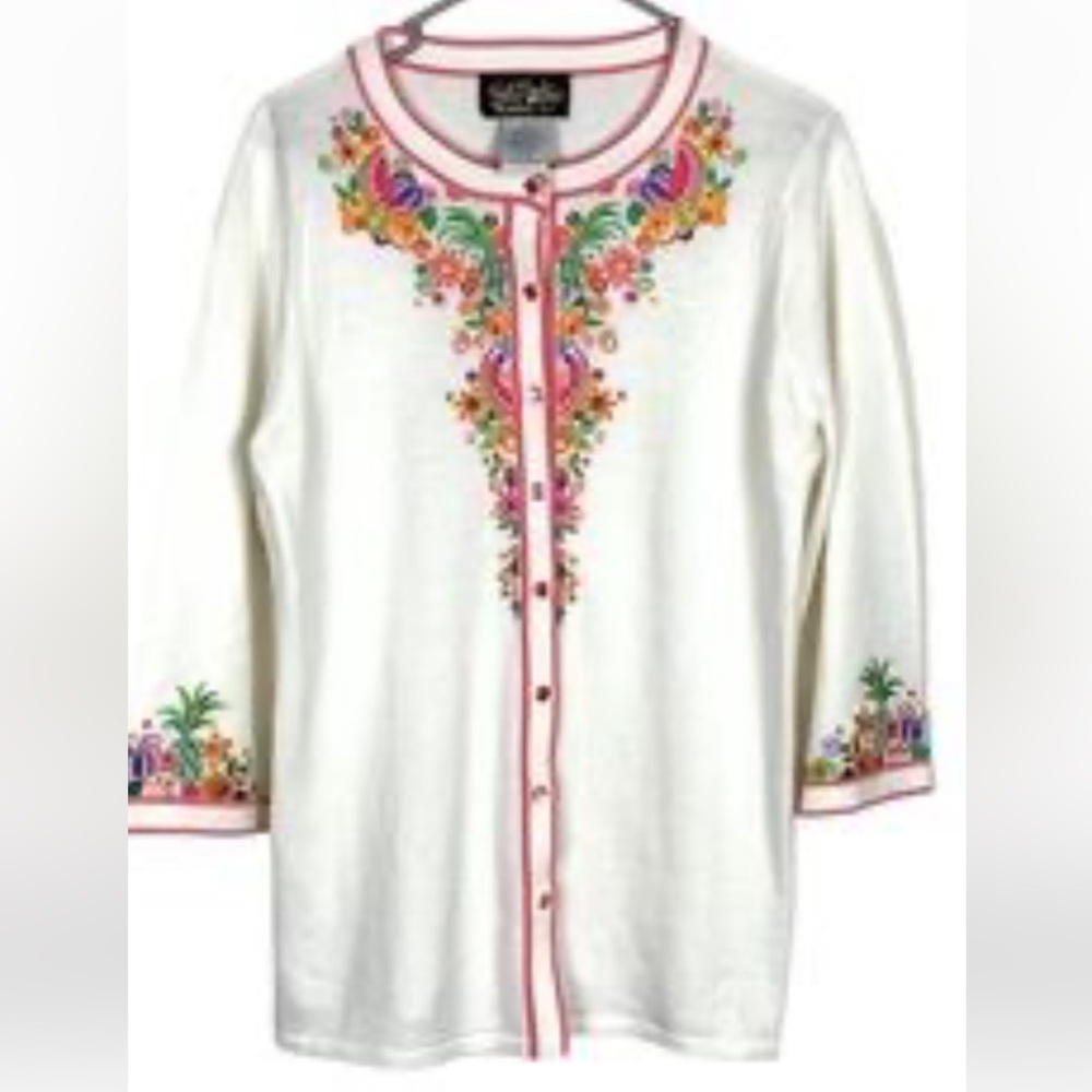 Bob Mackie white pink Cardigan Sweater NEW XL Embroidery Fruit Flowers Tropical